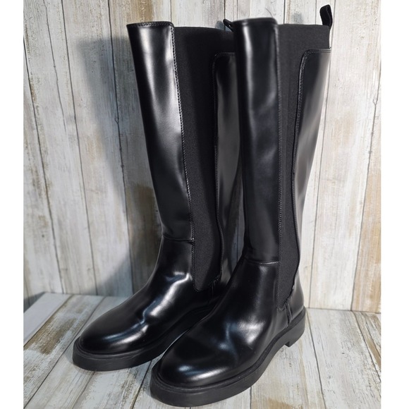 H&M Black Faux Leather Knee High Boots Chunky Sole Elastic Panel Size 38 - Picture 5 of 9